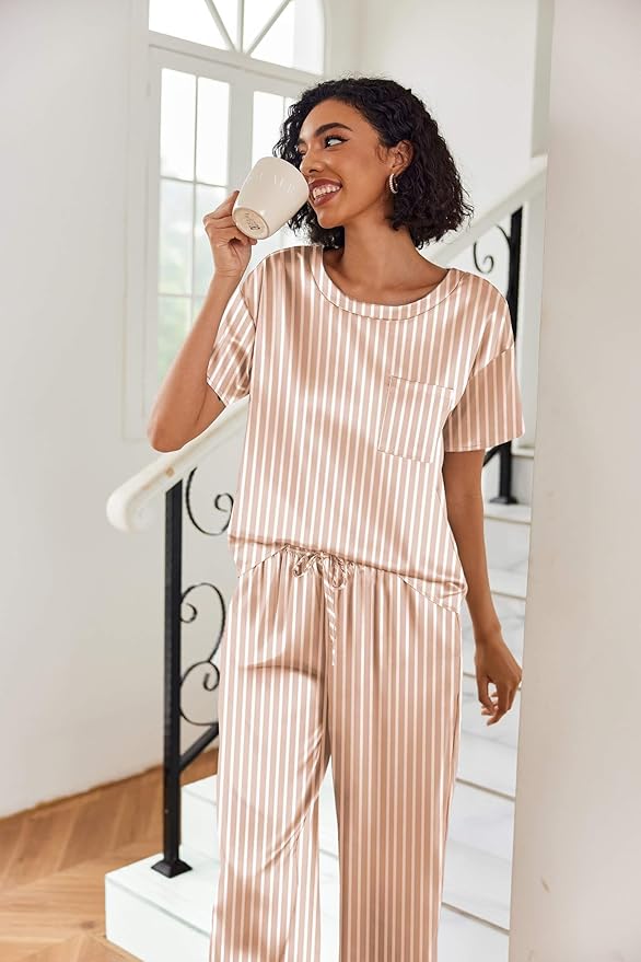 Ekouaer Womens Satin Silky Pajama Set Short Sleeve Shirt with Long Pajama Pant Set Soft PJ Loungewear
