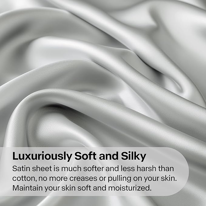 BEDELITE California King Sheets Set, Luxury Soft Grey Satin Sheets for Hair and Skin, Similar to Silk Bed Sheets Set 4 Pieces with 1 Deep Pocket Fitted Sheet, 1 Flat Sheet, and 2 Pillowcases