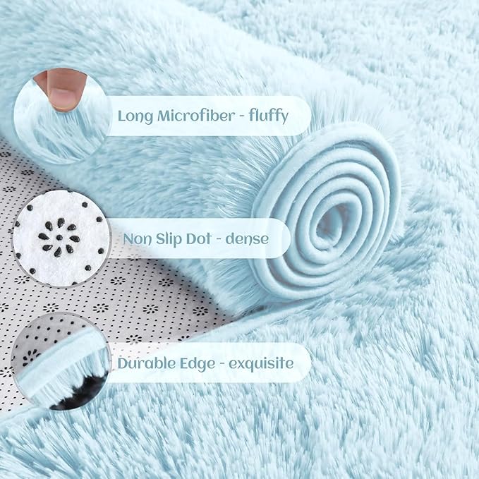 YJ.GWL Area Rugs for Living Room Bedroom, 6x9 Machine Washable Large Light Blue Carpet, Soft Fluffy Shaggy Thick Big Shag Indoor Floor Rug for Kids Boy and Girls Room Dorm Home Decor Aesthetic