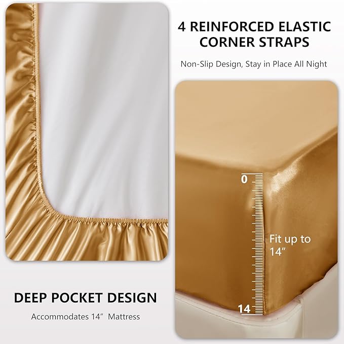 CozyLux Satin Sheets Full Size Sheets - 4 Piece Silky Full Size Bed Sheets, Luxury Gold Full Bed Set with Smooth and Soft Microfiber, Includes 1 Fitted Sheet, 1 Flat Sheet and 2 Pillowcases
