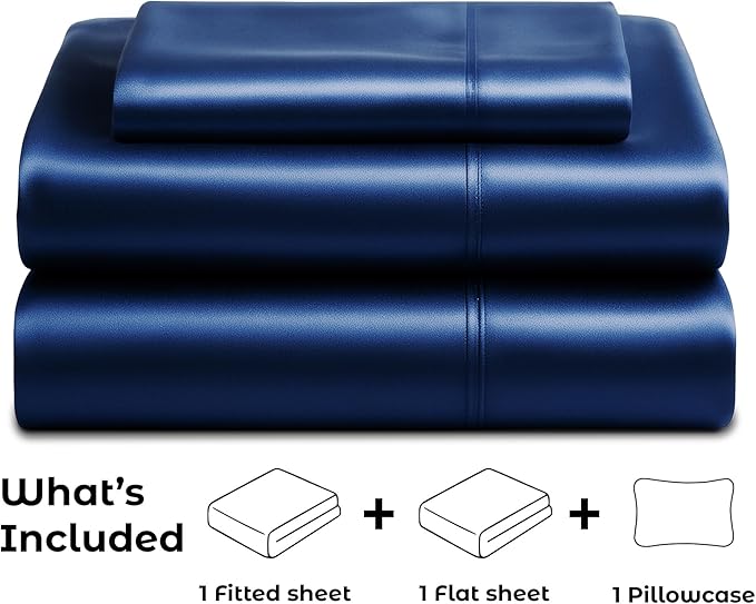 Pure Bedding Satin Sheets Twin [3-Piece, Navy] Hotel Luxury Silky Bed Sheets - Extra Soft 1800 Microfiber Sheet Set, Wrinkle, Fade, Deep Pocket Fitted Sheet, Flat Sheet, Pillow Cases