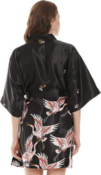 Women Kimono Robes Satin Dressing Gown Crane and Blossoms Sleep Lounge Nightwear Short Silk Bride Bridesmaid Robe