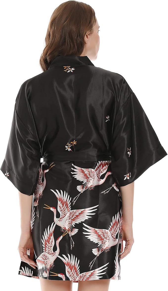Women Kimono Robes Satin Dressing Gown Crane and Blossoms Sleep Lounge Nightwear Short Silk Bride Bridesmaid Robe