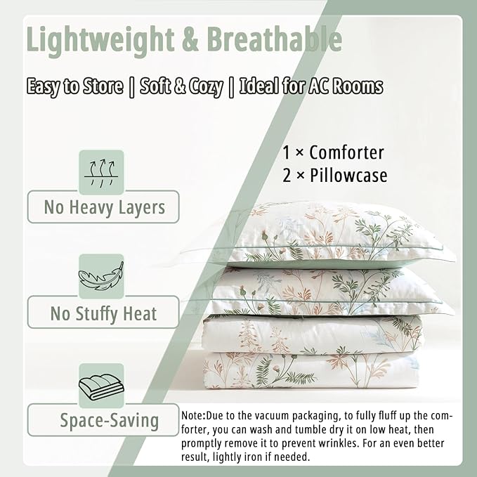ALEISSEL Natural Cotton 3pcs Botanical Comforter Sets King Size-Green Comforter with Luxurious Tan & Gray Leaves on White, Reversible Lightweight Floral Bedding Sets(King 104"×90")