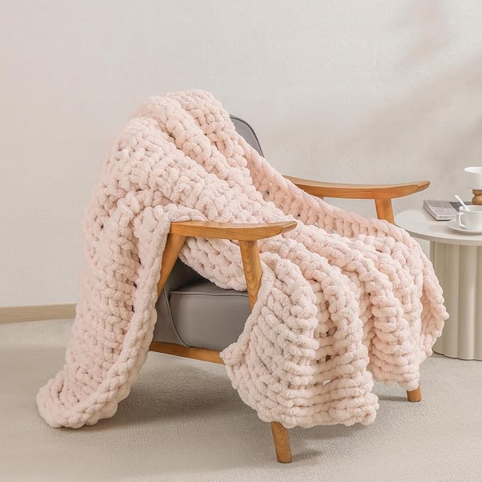 bearberry Chunky Knit Throw Blanket 60x80 Inches Handmade, Soft Jumbo Chenille Yarn with Cable Rope Knot Design | Thick Cozy Large Blanket for Couch, Sofa, Bed & Living Room Home Decor | Pink