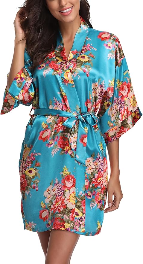 Women's Floral Satin Robes Bride Bridesmaid Getting Ready Robe Short Silky Kimono Sleepwear for Wedding Party