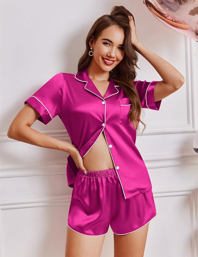 Ekouaer Womens Silk Satin Pajamas Short Sleeve PJS Shorts Set Soft Button Down Sleepwear 2 Piece Loungewear S-5XL