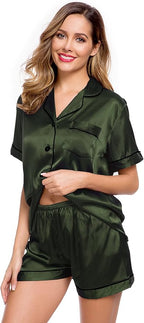 LecGee Womens Silk Satin Pajamas Short Sleeve Loungewear Two-Piece Sleepwear Button-Down Pj Set