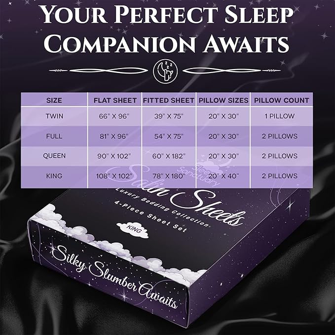 SLEEP SANCTUARY Satin Sheets Twin Size – 3 Piece Luxury Silky Bed Set, Softer Than Silk, 15" Deep Pocket, Cooling & Wrinkle-Free, Moisture-Wicking & Breathable for Hair & Skin (Black)