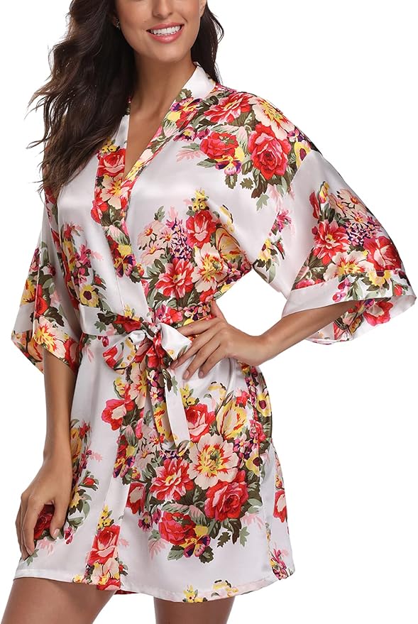 Women's Floral Satin Robes Bride Bridesmaid Getting Ready Robe Short Silky Kimono Sleepwear for Wedding Party