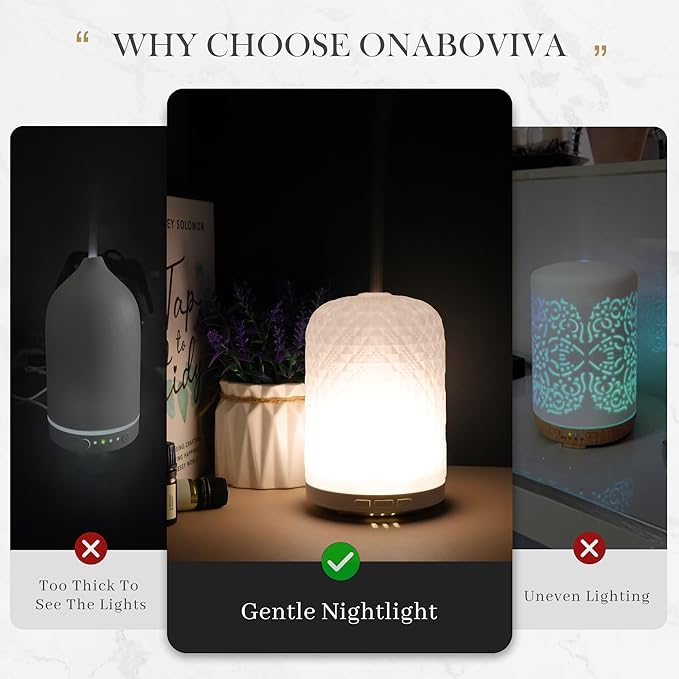 Onaboviva Essential Oil Diffuser - 2.4MHz Ultrasonic Glass Diffuser for Home, 120ml, Pulse&Continuous Mist, Bright/Dim/Breathing Lighting, Waterless Auto-Off, Aromatherapy Diffuser with USB Cable