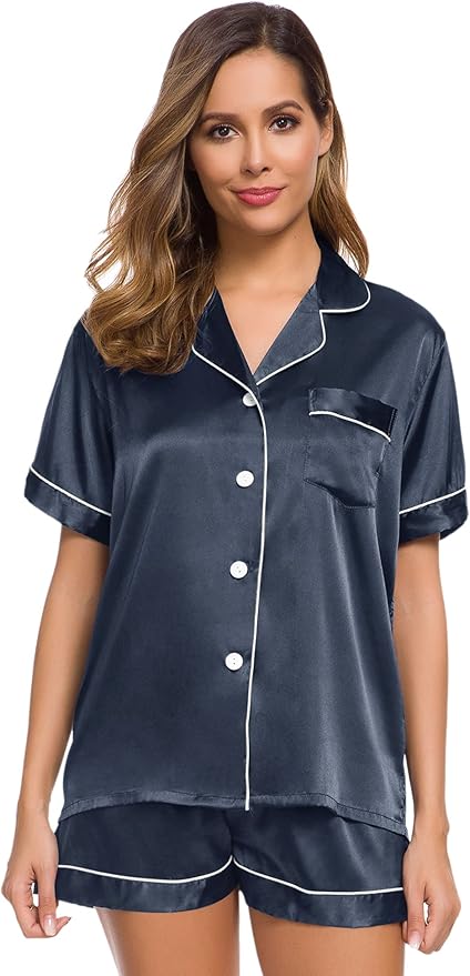SWOMOG Womens Silk Satin Pajamas Set Short Sleeve Sleepwear Button Down Top and Shorts Loungewear 2 Piece Pjs Set XS-3XL
