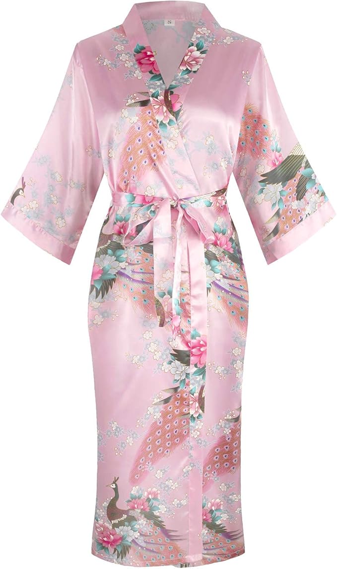 Valennia Women Long Silky Bathrobe Satin Kimono Robe Floral Printed Dressing Gown Sleepwear