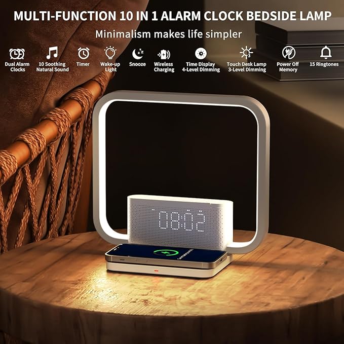 RETEYUNG Sunrise Alarm Clock for Heavy Sleepers,Touch Desk Lamps for Nightstand with Wireless Charger Station for iPhone/Samsung,Sound Machine,Wake Up Light/Snooze/Timer/10 Natural Sounds/3 Dimmable