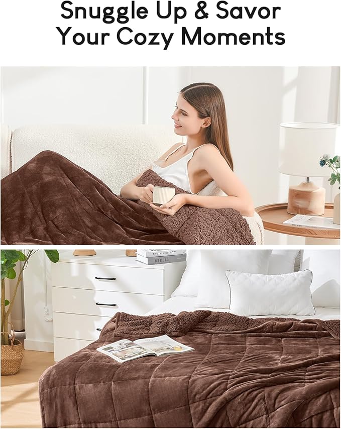 Cottonblue Weighted Blanket for Adults 15 lbs Twin Size 48x72 in, Cozy Flannel Sherpa Fleece Weighted Throw Blankets Comfortable for Calming and Relax, Shaggy Bed Sofa Heavy Blankets, Chocolate Brown
