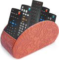 QIELIZI Remote Control Holder, PU Leather Remote Caddy Desktop Organizer with 5 Spacious Compartments for TV Remotes/Media Controllers/Office Supplies (1-Carved Brown