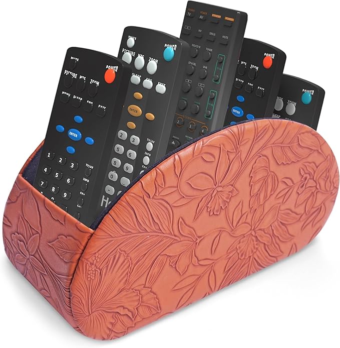 QIELIZI Remote Control Holder, PU Leather Remote Caddy Desktop Organizer with 5 Spacious Compartments for TV Remotes/Media Controllers/Office Supplies (1-Carved Brown