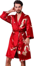 Haseil Men's Satin Robe Dragon Luxurious Silk Spa Long Sleeve House Kimono Bathrobe