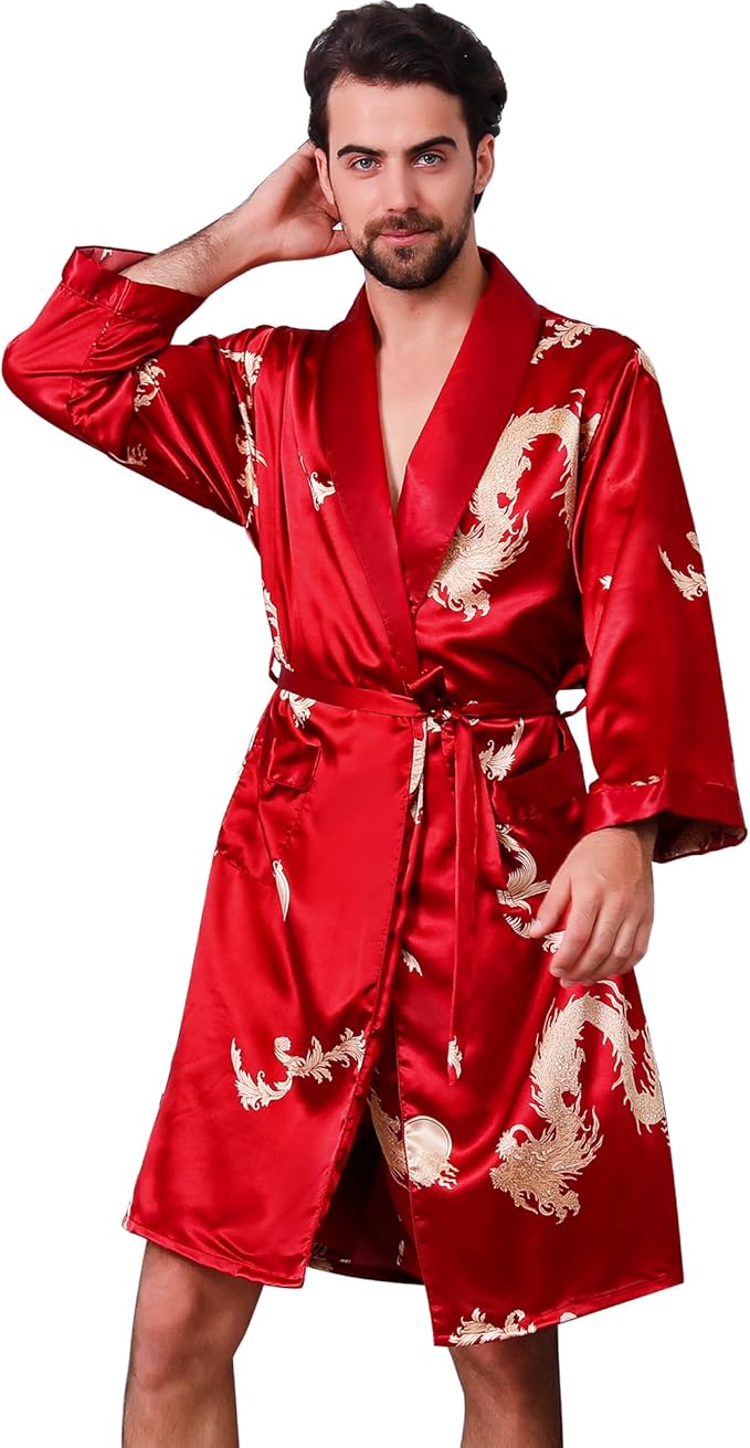 Haseil Men's Satin Robe Dragon Luxurious Silk Spa Long Sleeve House Kimono Bathrobe
