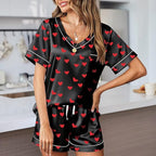 RUEWEY Women Satin Silk Pajamas Lounge Set Heart Print Short Sleeve Tops and Shorts 2 Piece Outfits Sleepwear