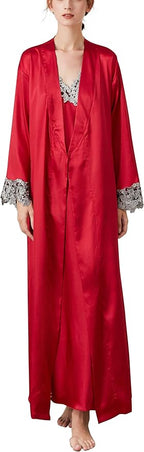FEOYA Women's 2 Piece Satin Nightgown and Robe Sexy Silk Lace Pajamas Set Long V Neck Sleepwear for Ladies