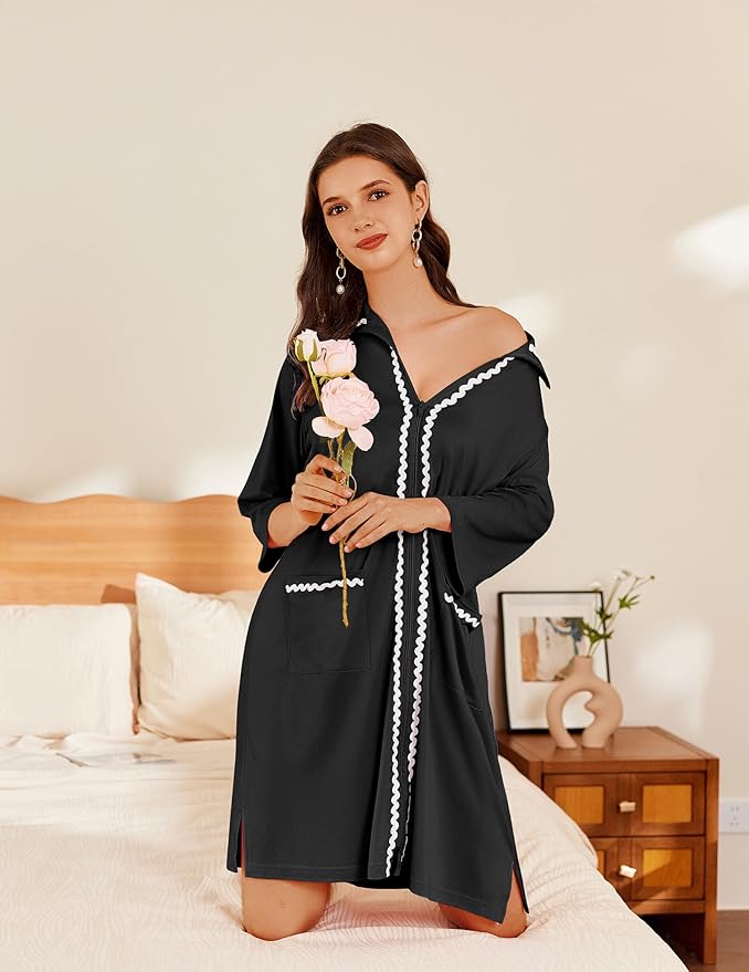 Ekouaer Women Zipper Robe Lightweight House Coat Zipper Front Short Bathrobes Soft Nightgown with Pockets S-3XL