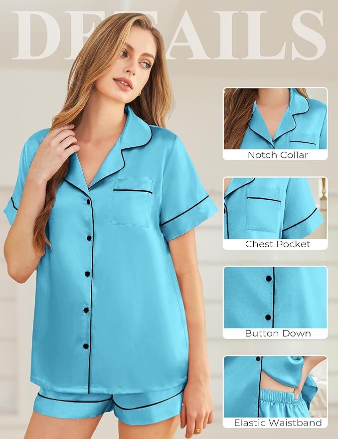 Silk Pajamas for Women Short Sleeve Sleepwear Soft Button Down Loungewear 2 Piece Satin Pjs Shorts Set S-XXL