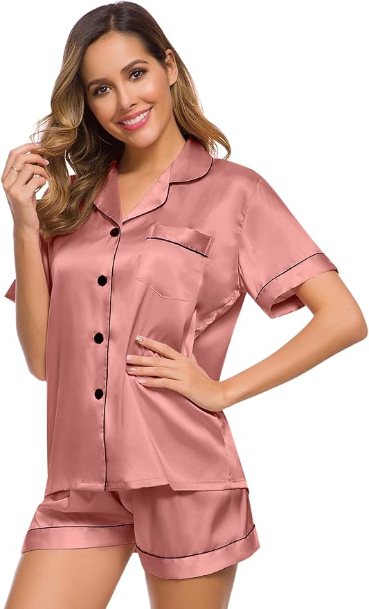 SWOMOG Womens Silk Satin Pajamas Set Short Sleeve Sleepwear Button Down Top and Shorts Loungewear 2 Piece Pjs Set XS-3XL