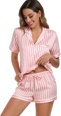 Serenedelicacy Women's Satin Pajama Set 2-Piece Sleepwear Loungewear Button Down Short Sleeve Silky PJ Set
