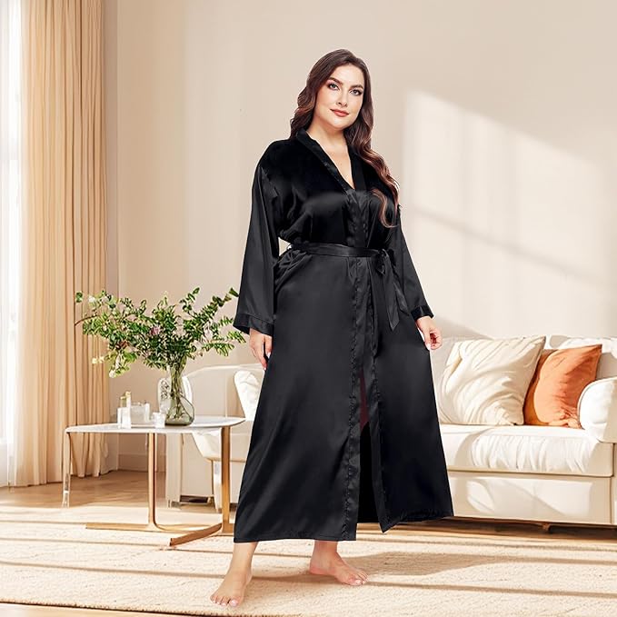 Womens Plus Size Silky Satin Kimono Robe Floral Long Bathrobe Wedding Sleepwear Dressing Gown