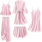 SAPJON Silk Pajamas for Women 5Pcs Sleepwear Loungewear Satin Robe Cami Shorts Pj Set