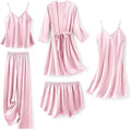 SAPJON Silk Pajamas for Women 5Pcs Sleepwear Loungewear Satin Robe Cami Shorts Pj Set