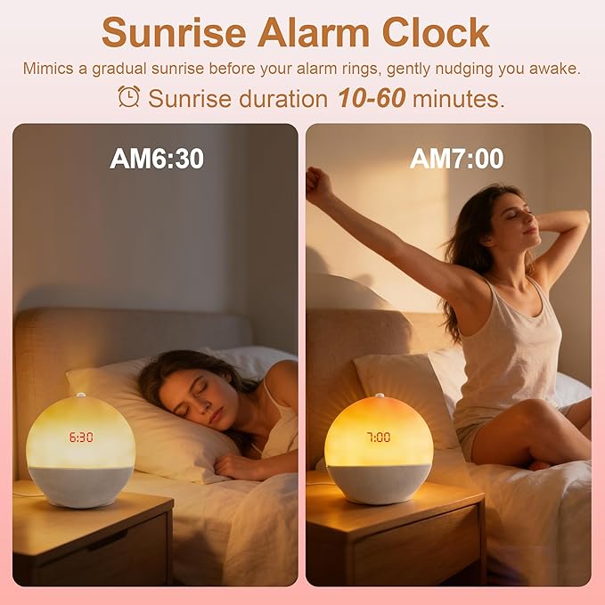 Sunrise Alarm Clock with Bluetooth Speaker, Dual Alarm Clock Radio with White Noise Sleep Machine, RGB Bedside Night Light, FM Radio, 10W Stereo Sound, Rechargeable Smart Clock for Bedroom