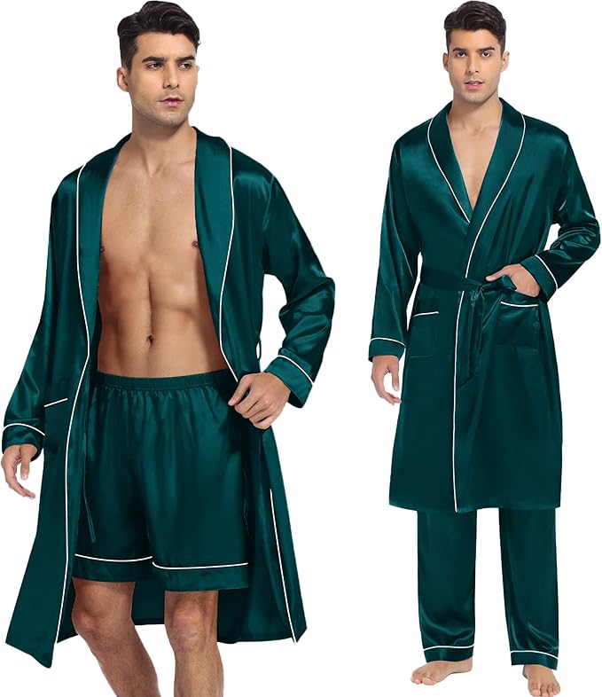SWOMOG Men's Satin Robe 3 Pcs Silky Kimono Bathrobe Set Lightweight Soft Loungewear Nightwear