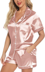 Samring Women's Silk Satin Pajamas Set Short Sleeve Sleepwear Two Piece Button Down Pj Set with Pockets S-XXL