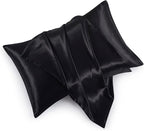 Satin Pillowcases with Zipper （20x26）,Standard Size Pillowcases Set of 2, Black Silk Pillowcase for Hair and Skin