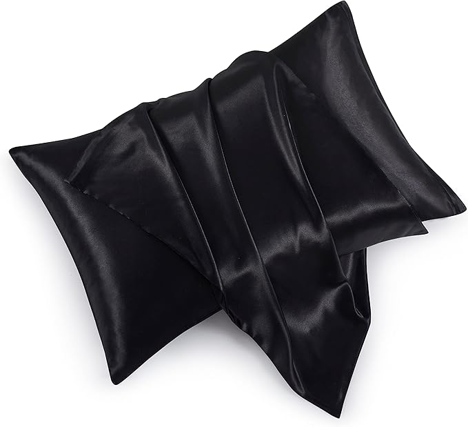 Satin Pillowcases with Zipper （20x30）,Queen Size Pillowcases Set of 2, Black Silk Pillowcase for Hair and Skin