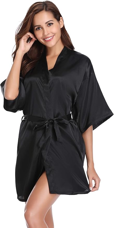 Vlazom Womens Kimono Robes Dressing Gown Satin Bathrobe Nightdress Short Style Bridal Robe