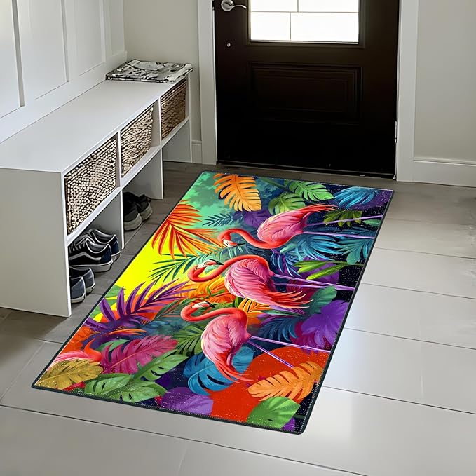 Tropical Flamingos Area Rug 2x3 ft Entry Rug Washable Boho Rugs Non Slip Low Pile Floral Door Mat Small Carpet for Bedroom, Bedside, Kids Room, Office, Dining Room