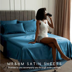 MR&HM Satin Bed Sheets, Queen Size Sheets Set, 4 Pcs Silky Bedding Set with 15 Inches Deep Pocket for Mattress (Queen, Teal)