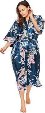 KIM+ONO Plus Size Luxury Kimono Robe for Women | Long Satin Floral Robe | Original Design | Removable Waist Tie Closure