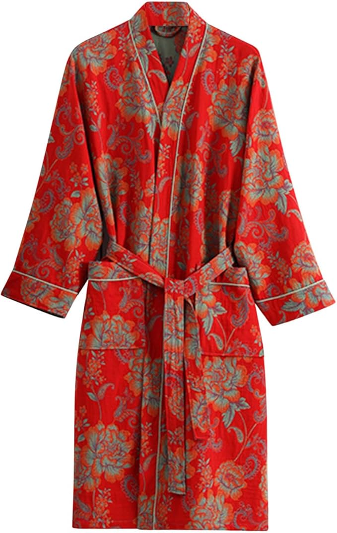 Womens Boho Floral Print Robe Lightweight Short Sleeve Bathrobe Soft Kimono Robes V-neck Loungewear with Pockets
