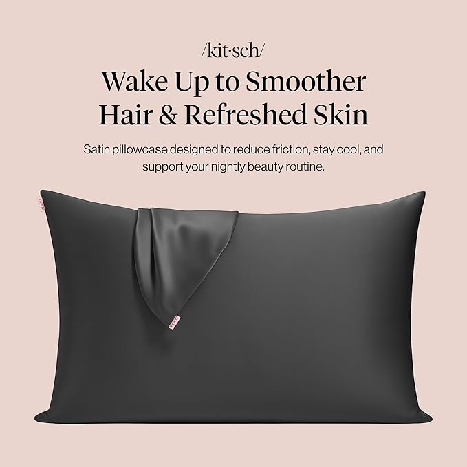 Kitsch Satin Pillowcase with Zipper for Hair & Skin - Softer Than Silk Pillow Cases, Smooth Cooling Satin Pillow Case, Wrinkle-Free, Machine Washable, Pillow Cases Standard Size 19x26 - Charcoal, 2pc