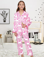 EPLAZA Kids Satin Pajamas Sets Girls Boys Button-Down Silky Pajamas Sleepwear with Hairband Eye Mask Hair Tie
