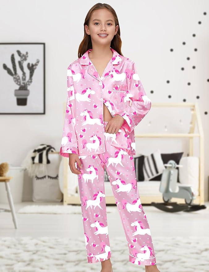 EPLAZA Kids Satin Pajamas Sets Girls Boys Button-Down Silky Pajamas Sleepwear with Hairband Eye Mask Hair Tie