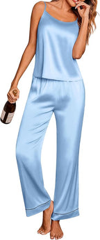 Ekouaer Women Silk Satin Pajamas Sleeveless Pjs Set 2 Piece Summer Loungewear Sleepwear with Pockets S-XXL