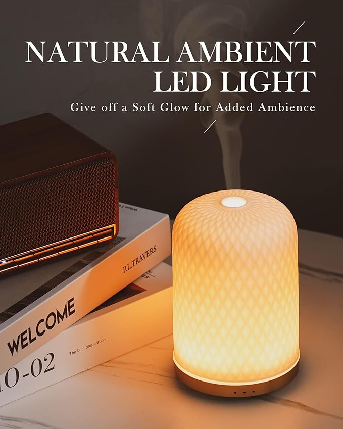 Onaboviva Essential Oil Diffuser - 2.4MHz Ultrasonic Ceramic Diffuser for Home, 110ml, 1/2/3H Mist Timer, Silent (≤25dB), Waterless Auto-Off, Aromatherapy Diffuser with USB Cable