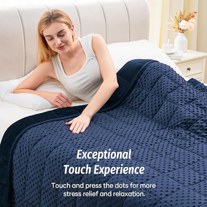 Wemore Minky Dot Weighted Blanket for Adults Twin Size 15 lb, Soft Heavy Blanket for Stress Relief and Sleep Promotion, Breathable Blanket for All-Season with Glass Beads, Navy Blue 60 x 80 inches