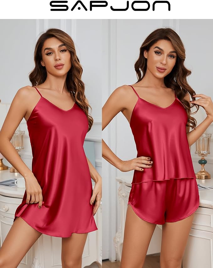 SAPJON Silk Pajamas for Women 5Pcs Sleepwear Loungewear Satin Robe Cami Shorts Pj Set