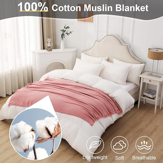 Cotton Muslin Throw Blanket with Tassels, Lightweight Woven Gauze, Pre-Washed Breathable Farmhouse Decor for Bed, Couch, All-Season Use (Dusty Pink, 50" x 60")
